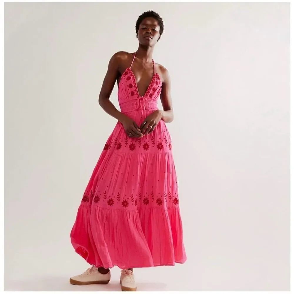 Free People Women’s Real Love Embroidered Halter Gauzy Cotton Maxi Dress in Hot